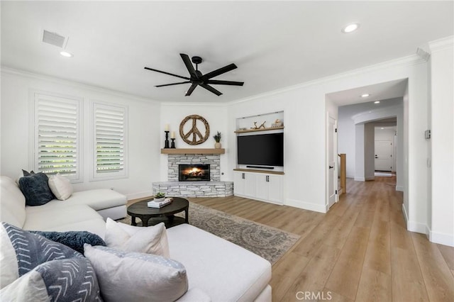 308 Via El Patio, San Clemente, CA 92673 - living room featuring ceiling fan, crown molding, light wood-type flooring, a fireplace, and recessed lighting