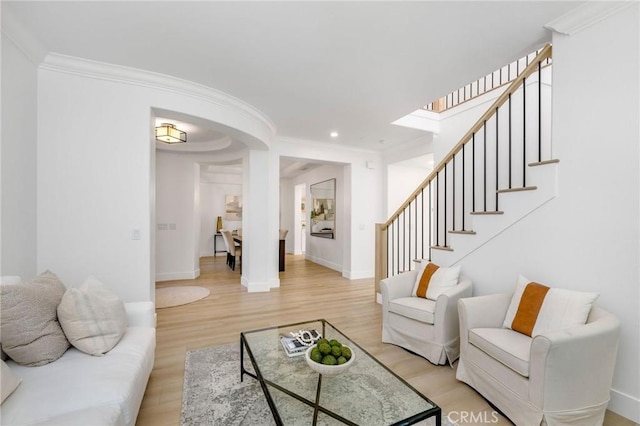 308 Via El Patio, San Clemente, CA 92673 - living room with light wood finished floors, recessed lighting, stairway, and ornamental molding
