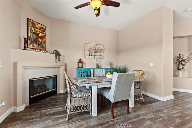 235 Cornuta Way, Nipomo, CA 93444 - dining space featuring wood finished floors, ceiling fan, and a tile fireplace