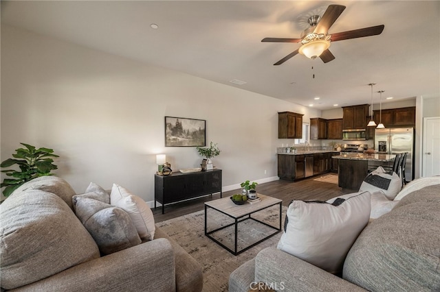 2740 Levi Ln, Chico, CA 95973 - living area featuring dark wood-style flooring, a ceiling fan, and recessed lighting