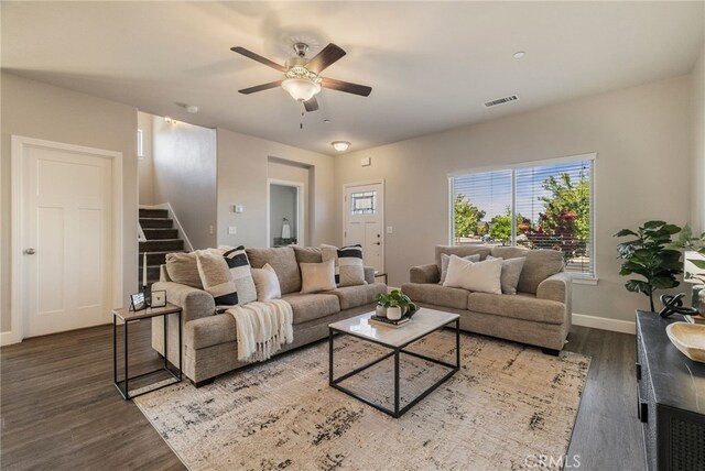 2740 Levi Ln, Chico, CA 95973 - living room featuring stairway, ceiling fan, and wood finished floors