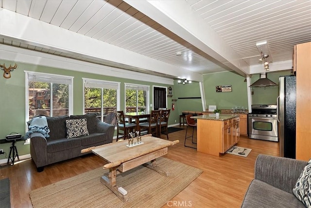 1351 Silverado Rd, Big Bear City, CA 92314 - living area with healthy amount of natural light, light wood-style floors, and a wood ceiling with exposed beams