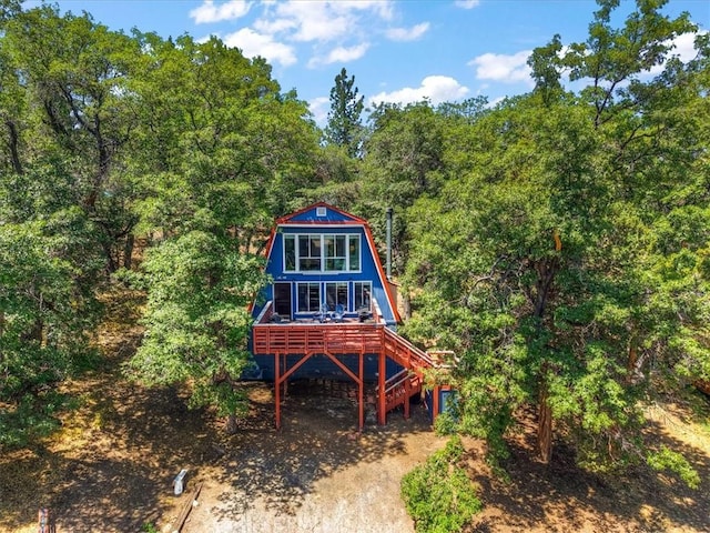 1351 Silverado Rd, Big Bear City, CA 92314 - back of house featuring stairway, a wooden deck, and a wooded view