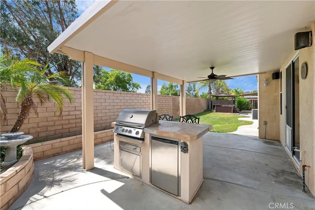 31139 Little Camille Way, Menifee, CA 92584 - fenced backyard with exterior kitchen, a patio, and ceiling fan