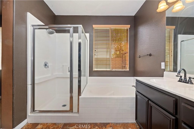 31139 Little Camille Way, Menifee, CA 92584 - full bathroom featuring a stall shower, a garden tub, and vanity