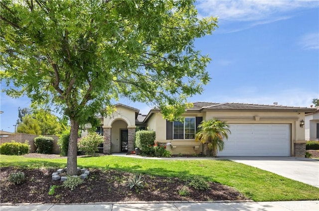 31139 Little Camille Way, Menifee, CA 92584 - view of front of property featuring stucco siding, an attached garage, driveway, a front lawn, and brick siding