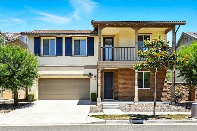 6212 Athena St, Chino, CA 91710 - view of front facade featuring stucco siding, an attached garage, a balcony, concrete driveway, and a tiled roof