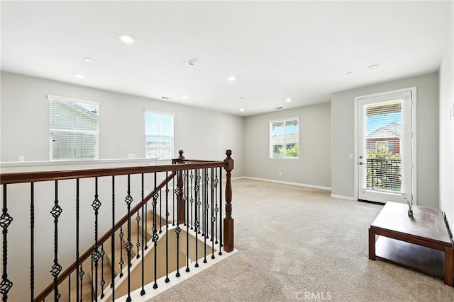 6212 Athena St, Chino, CA 91710 - corridor with light colored carpet, an upstairs landing, and recessed lighting