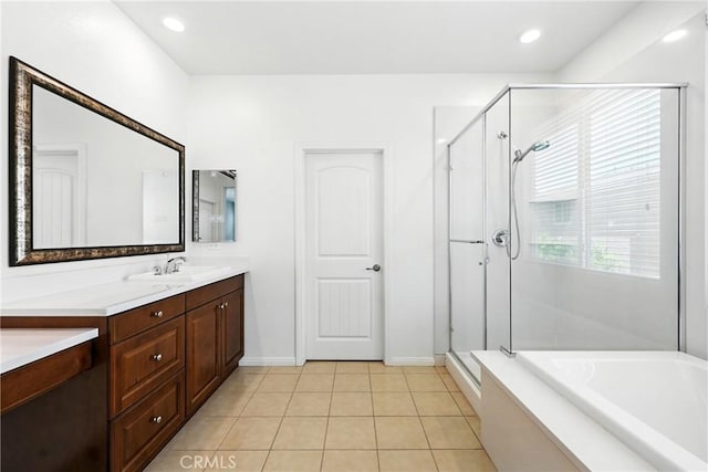 6212 Athena St, Chino, CA 91710 - full bath with a bath, vanity, a stall shower, tile patterned floors, and recessed lighting