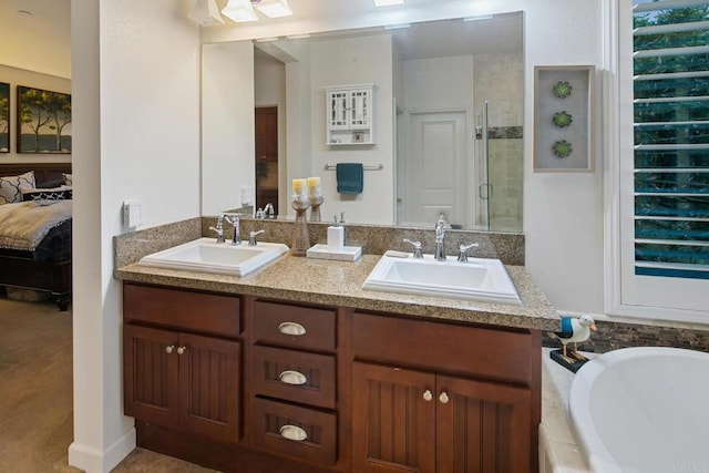 674 Calypso Pl, Encinitas, CA 92024 - bathroom featuring a shower stall, double vanity, a garden tub, and ensuite bath