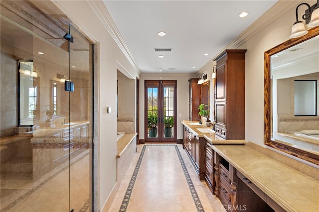 1 Overlook Dr, Ladera Ranch, CA 92694 - full bath with french doors, a garden tub, vanity, inlaid floor details, and a shower stall