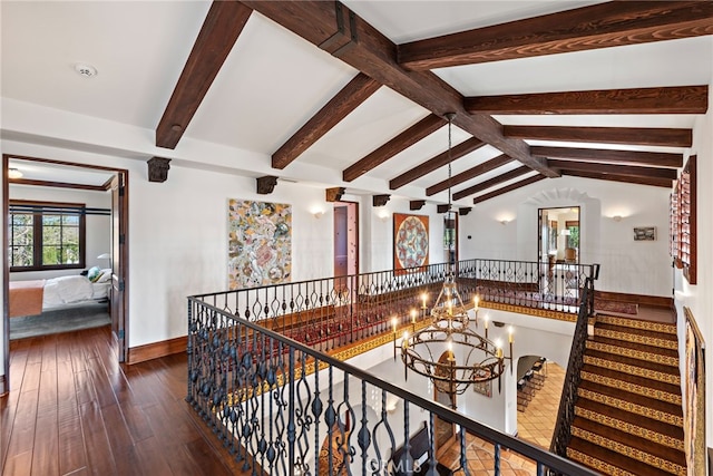 1 Overlook Dr, Ladera Ranch, CA 92694 - hall featuring an upstairs landing, wood-type flooring, and a chandelier