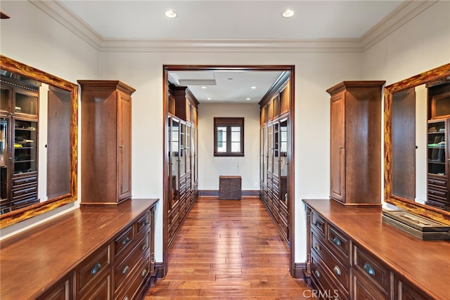1 Overlook Dr, Ladera Ranch, CA 92694 - hall featuring dark wood-style flooring, crown molding, recessed lighting, and french doors