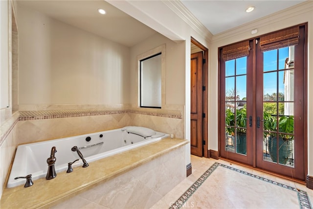 1 Overlook Dr, Ladera Ranch, CA 92694 - full bathroom featuring a whirlpool tub, ornamental molding, recessed lighting, and french doors