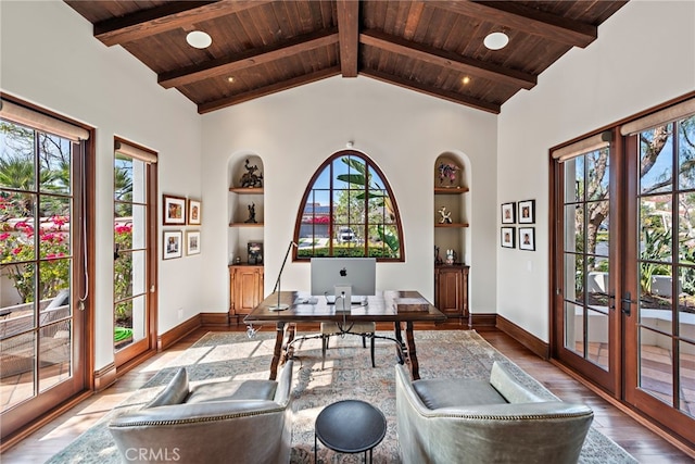 1 Overlook Dr, Ladera Ranch, CA 92694 - home office featuring a wood ceiling with exposed beams, built in features, wood finished floors, french doors, and high vaulted ceiling