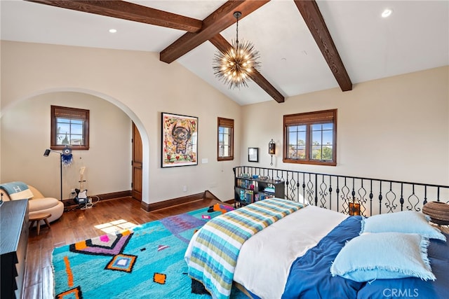 1 Overlook Dr, Ladera Ranch, CA 92694 - bedroom featuring arched walkways, a chandelier, wood finished floors, and recessed lighting