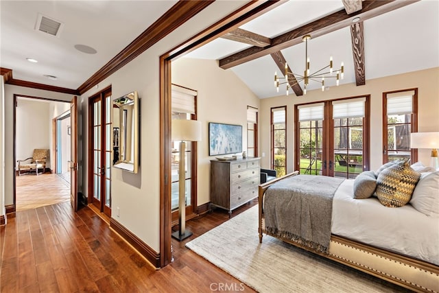 1 Overlook Dr, Ladera Ranch, CA 92694 - bedroom featuring french doors, a chandelier, dark wood finished floors, and crown molding