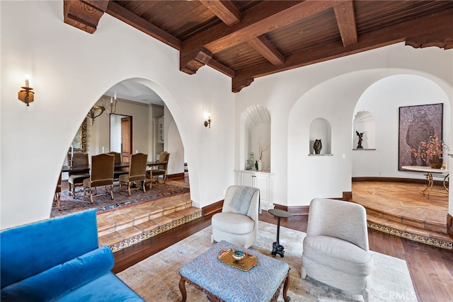 1 Overlook Dr, Ladera Ranch, CA 92694 - living room with a wood ceiling with exposed beams, arched walkways, and wood-type flooring