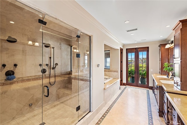 1 Overlook Dr, Ladera Ranch, CA 92694 - full bathroom featuring french doors, a garden tub, double vanity, a shower stall, and crown molding