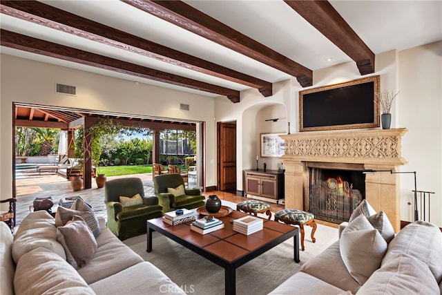 1 Overlook Dr, Ladera Ranch, CA 92694 - living room featuring beam ceiling and a fireplace