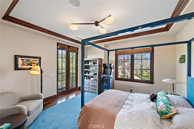 1 Overlook Dr, Ladera Ranch, CA 92694 - bedroom featuring access to exterior, wood finished floors, french doors, and crown molding