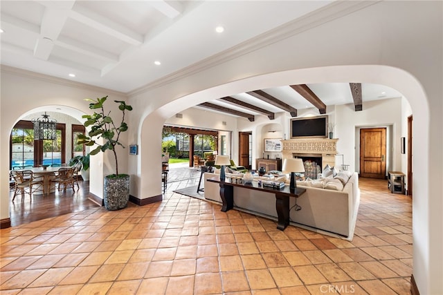 1 Overlook Dr, Ladera Ranch, CA 92694 - living area featuring beam ceiling, recessed lighting, arched walkways, french doors, and a fireplace
