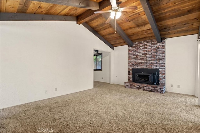 835 Madrone Ave, Chico, CA 95926 - unfurnished living room with carpet, a ceiling fan, wood ceiling, and a fireplace
