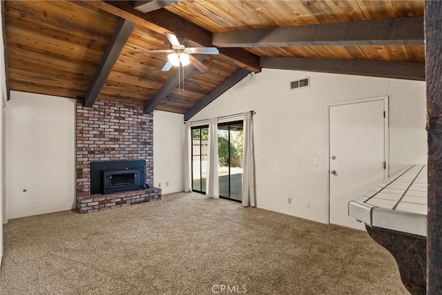835 Madrone Ave, Chico, CA 95926 - unfurnished living room featuring carpet, a ceiling fan, wood ceiling, and a fireplace