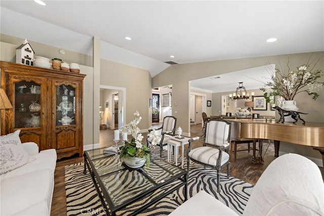 33612 Vino Way, Temecula, CA 92591 - living area with dark wood-style floors, a chandelier, lofted ceiling, and recessed lighting