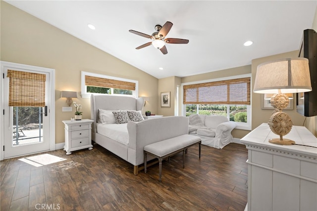 33612 Vino Way, Temecula, CA 92591 - bedroom featuring vaulted ceiling, multiple windows, dark wood finished floors, access to outside, and recessed lighting