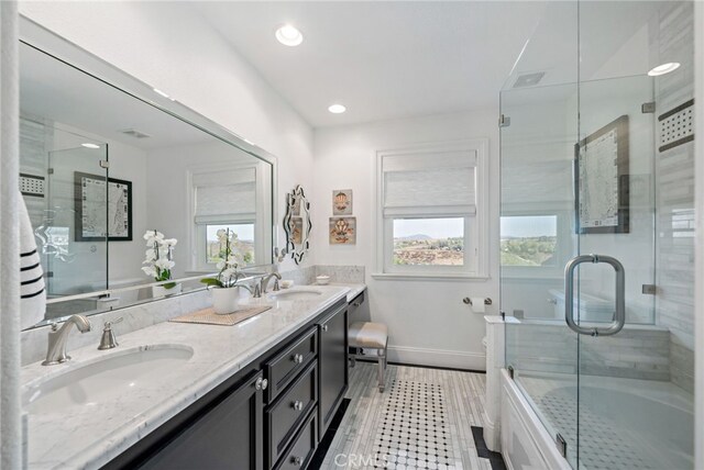 33612 Vino Way, Temecula, CA 92591 - bathroom with double vanity, a shower with shower door, recessed lighting, and a tub