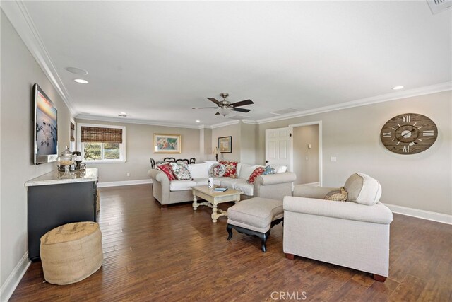 33612 Vino Way, Temecula, CA 92591 - living room with ornamental molding, dark wood finished floors, recessed lighting, and ceiling fan