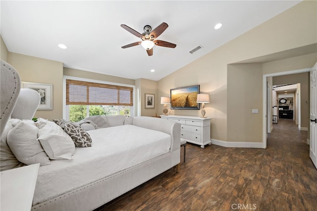 33612 Vino Way, Temecula, CA 92591 - bedroom with lofted ceiling, dark wood-style floors, recessed lighting, and a ceiling fan