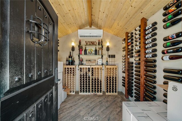 33612 Vino Way, Temecula, CA 92591 - wine cellar featuring wood finished floors, an AC wall unit, and wood ceiling