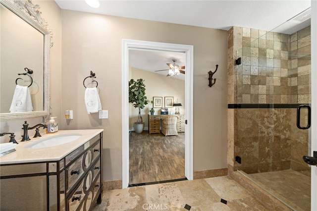 33612 Vino Way, Temecula, CA 92591 - bathroom with a shower stall, vanity, and ceiling fan