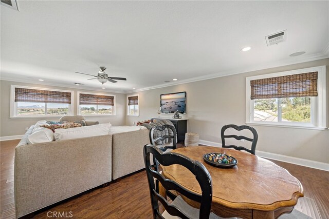 33612 Vino Way, Temecula, CA 92591 - dining area with a ceiling fan, crown molding, recessed lighting, and dark wood-type flooring