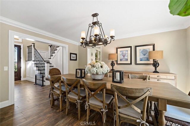 33612 Vino Way, Temecula, CA 92591 - dining space featuring stairway, a chandelier, crown molding, and dark wood finished floors