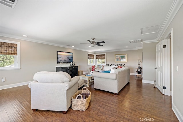 33612 Vino Way, Temecula, CA 92591 - living room featuring recessed lighting, dark wood-type flooring, crown molding, attic access, and a ceiling fan