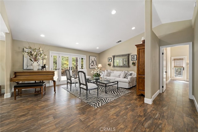 33612 Vino Way, Temecula, CA 92591 - living room featuring lofted ceiling, dark wood-type flooring, french doors, and recessed lighting