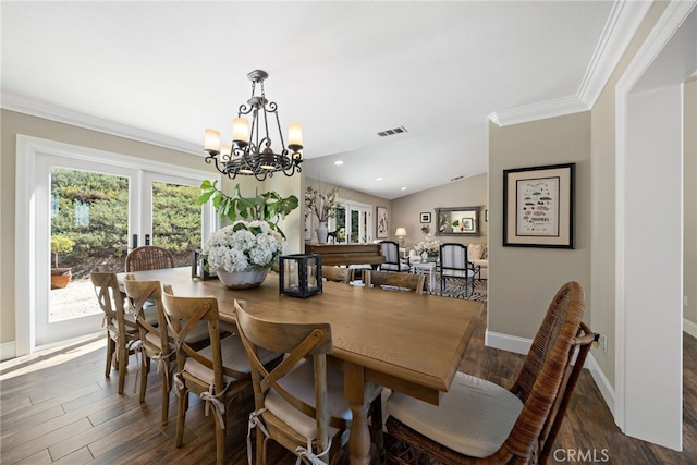 33612 Vino Way, Temecula, CA 92591 - dining room featuring a chandelier, crown molding, wood finished floors, and lofted ceiling