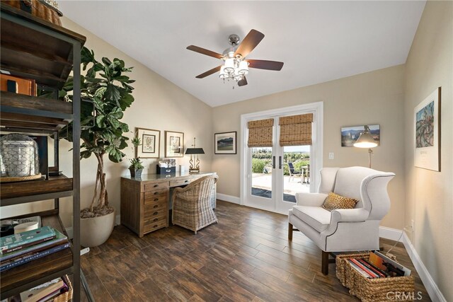 33612 Vino Way, Temecula, CA 92591 - office space with ceiling fan, lofted ceiling, dark wood-style flooring, and french doors