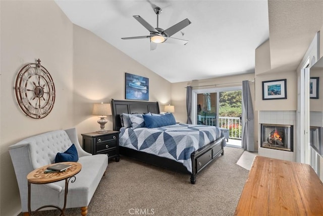 239 Via Presa, San Clemente, CA 92672 - bedroom featuring access to outside, carpet flooring, vaulted ceiling, a fireplace, and ceiling fan