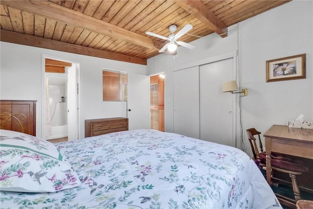 506 Geneva Ave, Claremont, CA 91711 - bedroom with a wood ceiling with exposed beams, a closet, a ceiling fan, and ensuite bathroom