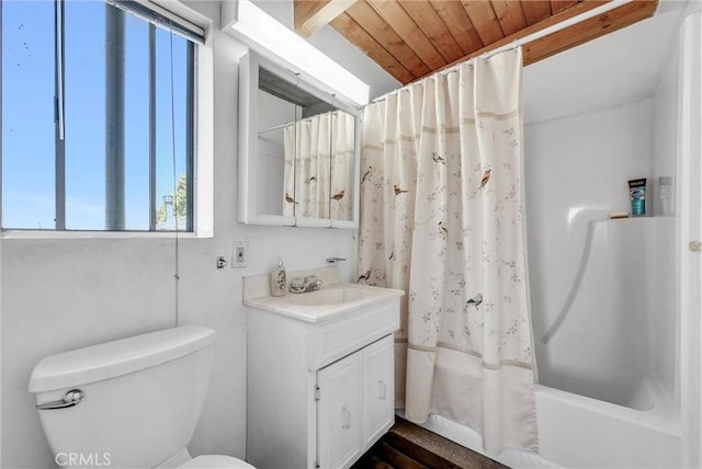 506 Geneva Ave, Claremont, CA 91711 - bathroom with healthy amount of natural light, vanity, shower / bath combination with curtain, and wood ceiling