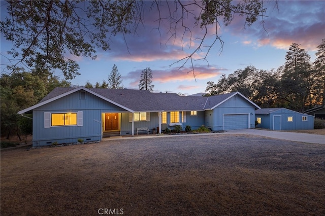 50128 Deer Meadow Way, Oakhurst, CA 93644 - ranch-style house with concrete driveway, crawl space, an attached garage, covered porch, and a shingled roof