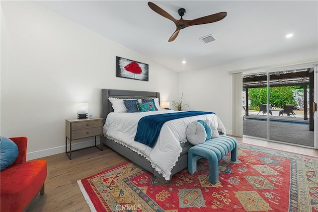 1525 Sonora Ct, Palm Springs, CA 92264 - bedroom featuring access to exterior, wood finished floors, recessed lighting, vaulted ceiling, and a ceiling fan