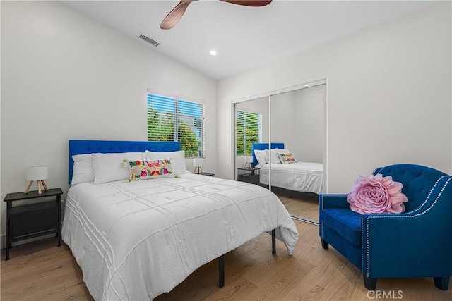 1525 Sonora Ct, Palm Springs, CA 92264 - bedroom featuring lofted ceiling, wood finished floors, a closet, recessed lighting, and ceiling fan