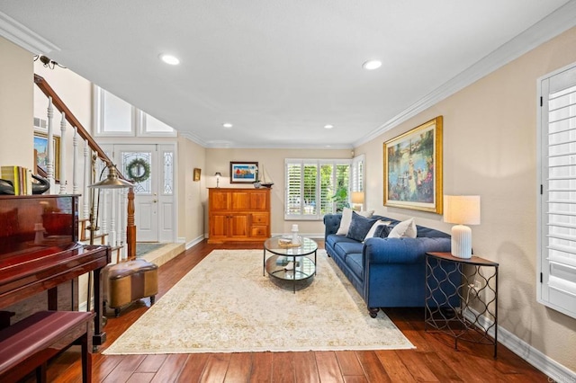 2702 Jacaranda Ave, Carlsbad, CA 92009 - living room featuring hardwood / wood-style flooring, crown molding, recessed lighting, and stairs