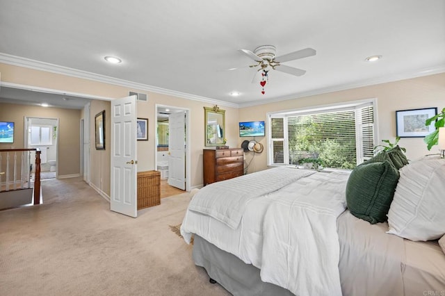2702 Jacaranda Ave, Carlsbad, CA 92009 - bedroom with recessed lighting, ornamental molding, light carpet, a ceiling fan, and ensuite bathroom