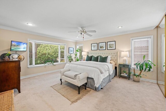 2702 Jacaranda Ave, Carlsbad, CA 92009 - bedroom with crown molding, light carpet, multiple windows, a ceiling fan, and recessed lighting